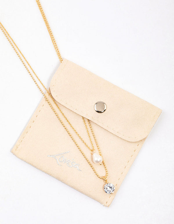 Gold Freshwater Pearl Cubic Zirconia Layered Necklace & Polishing Set