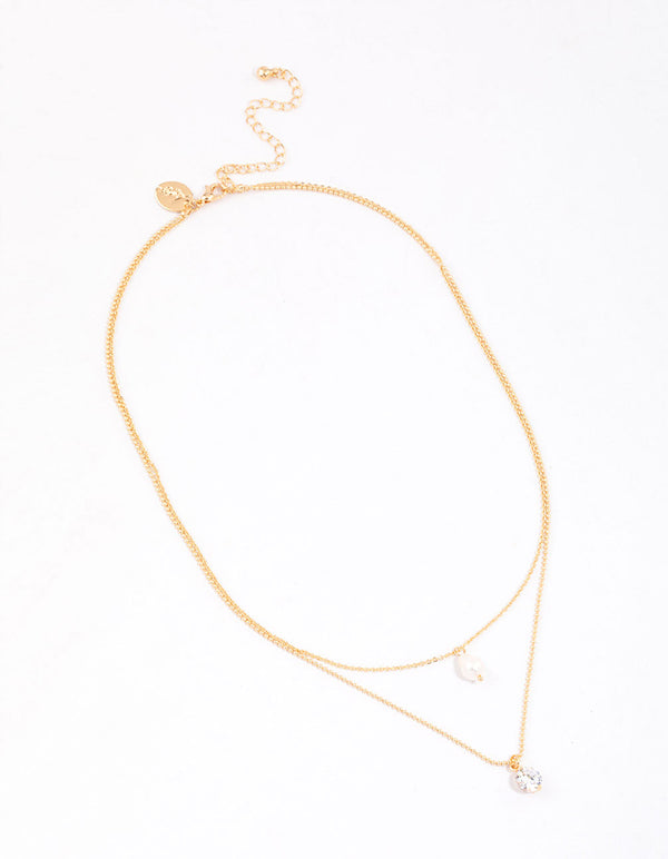 Gold Freshwater Pearl Cubic Zirconia Layered Necklace & Polishing Set