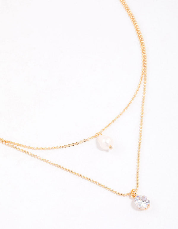 Gold Freshwater Pearl Cubic Zirconia Layered Necklace & Polishing Set