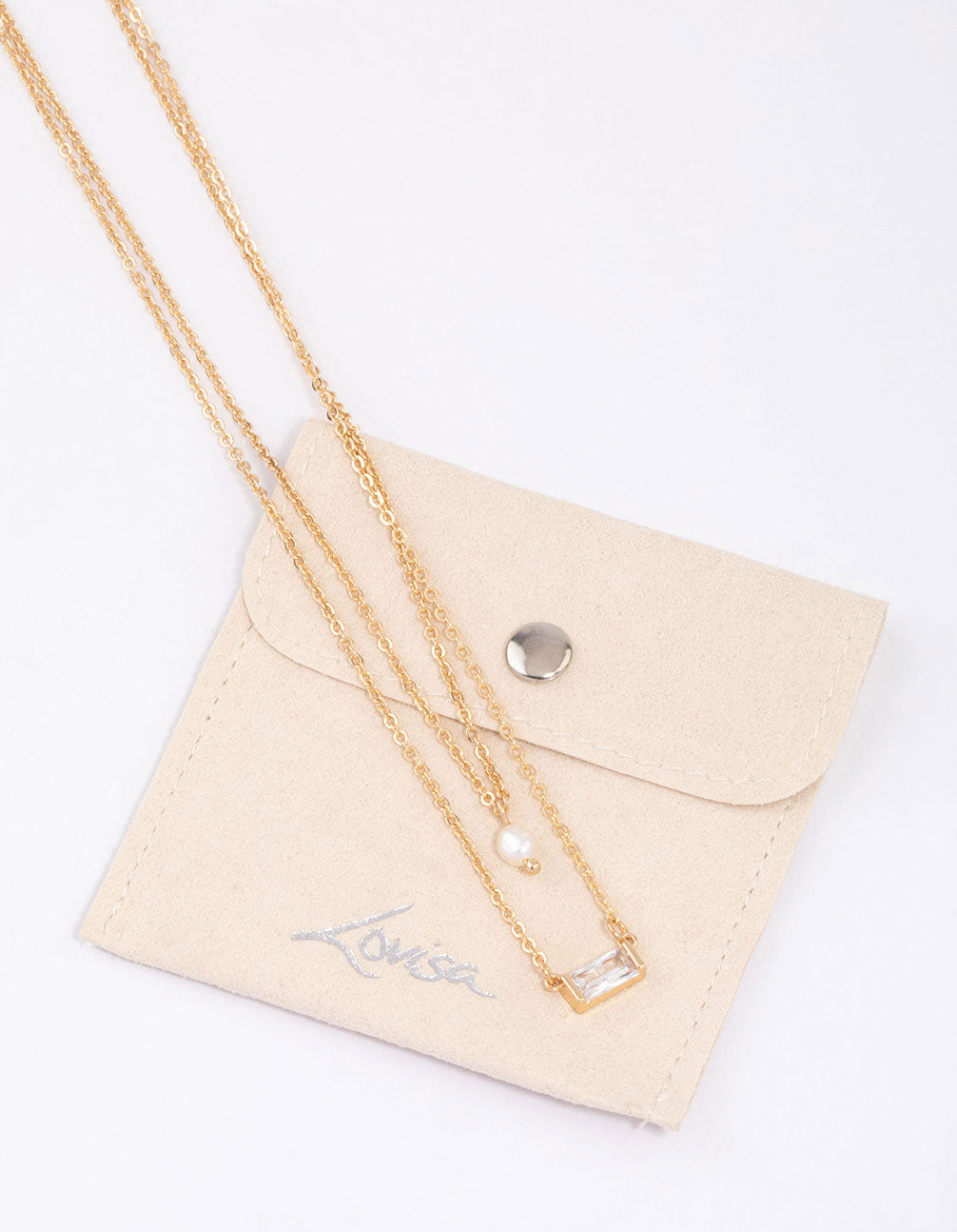 Gold Baguette Pearl Layered Necklace & Polishing Set