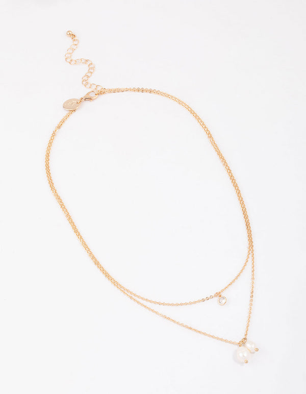 Gold Double Freshwater Pearl Diamante Necklace & Polishing Set