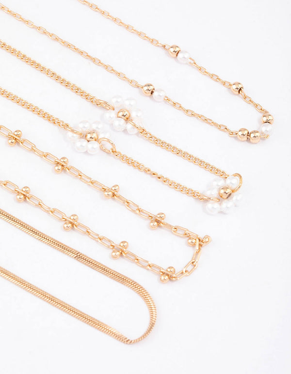 Gold Chain Pearly Flower Bracelet & Anklet 4-Pack Set