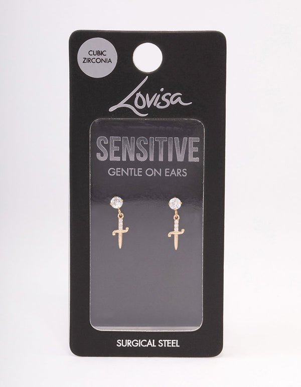 Gold Plated Surgical Steel Cubic Zirconia Mini Dagger Drop Earrings