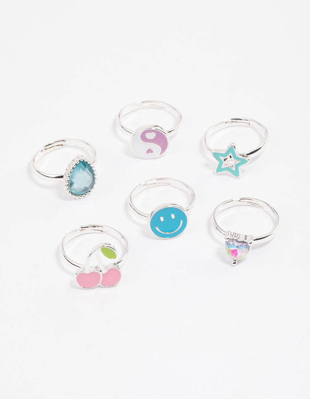 Kids Silver Smiley Star Ring 6-Pack