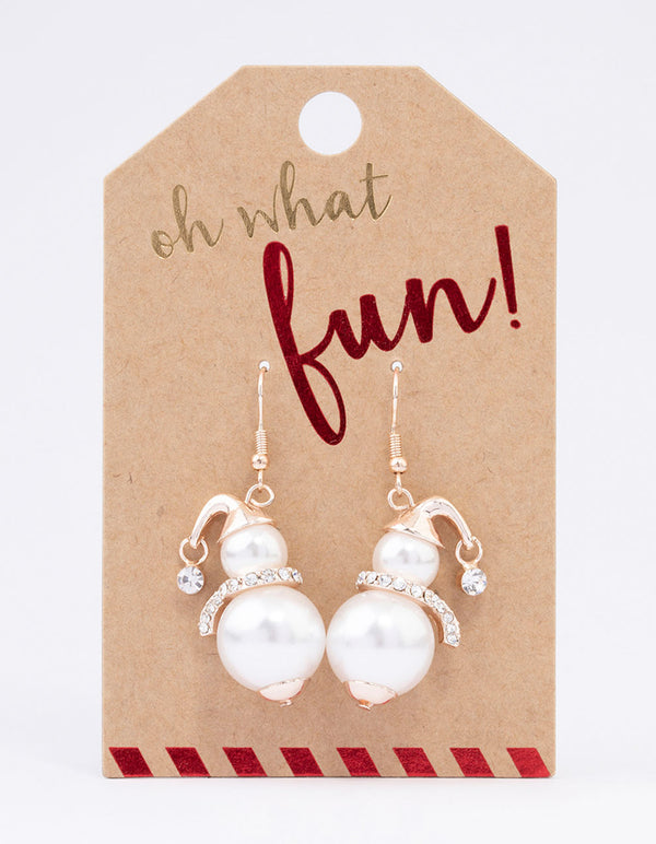 Rose Gold Diamante Pearl Snowman Drop Earrings