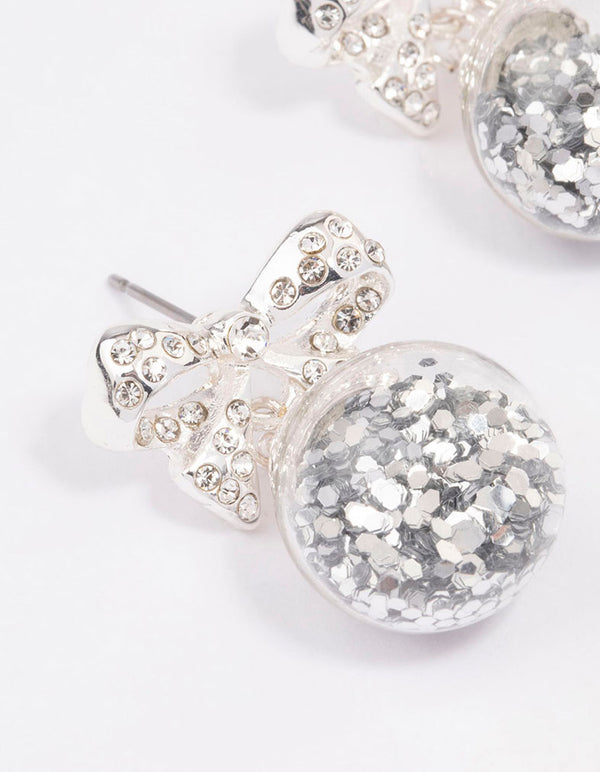 Silver Bow Bauble Drop Earrings