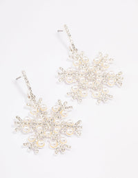 Silver Pearl Detail Snowflake Drop Earrings - link has visual effect only