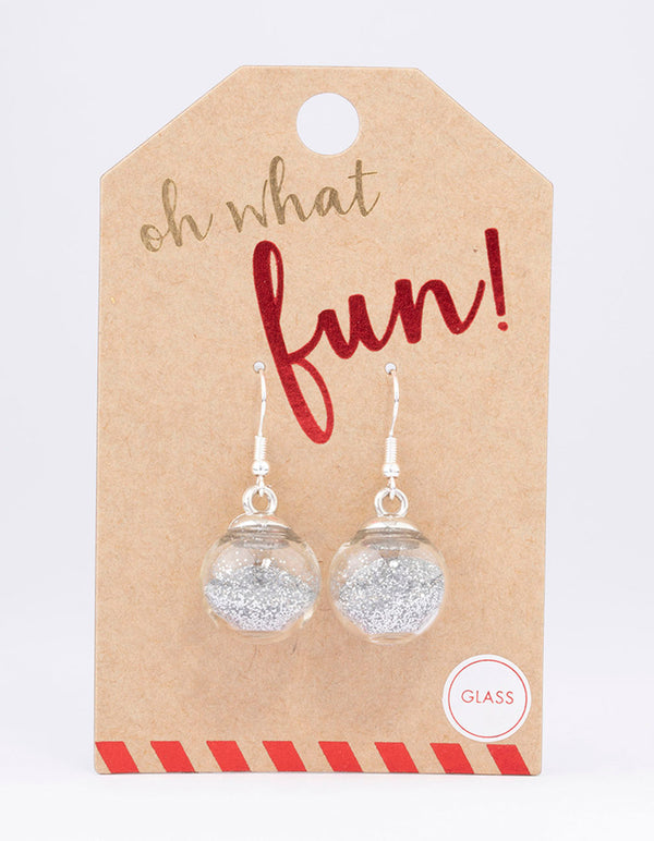 Silver Mini Glitter Bauble Drop Earrings