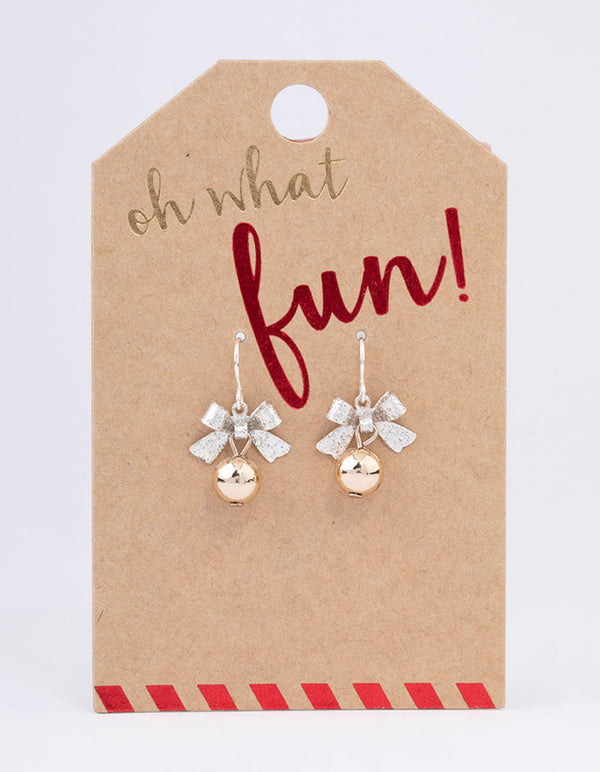 Silver Bow & Bell Christmas Drop Earrings