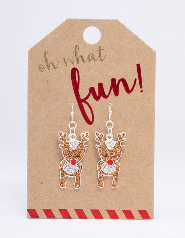 Silver Mini Glitter Reindeer Drop Earrings
