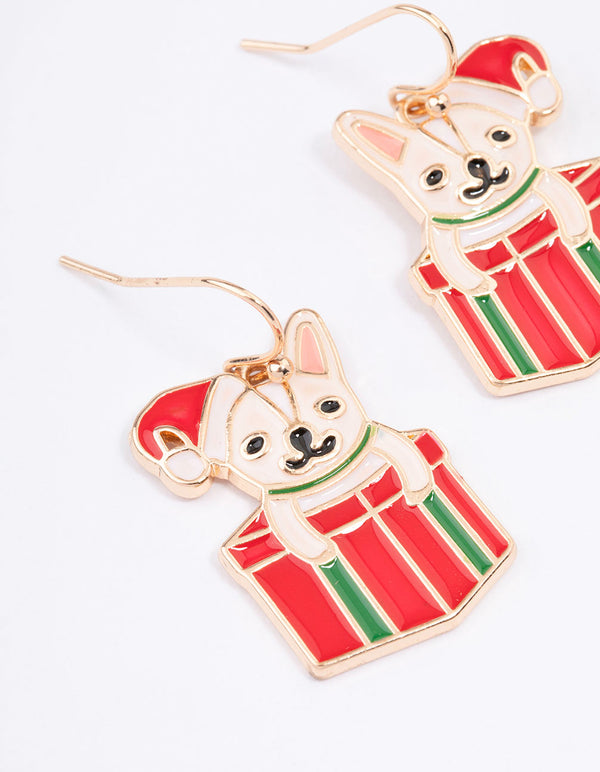 Gold Christmas French Bulldog Present Drop Earrings