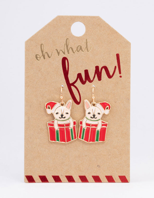 Gold Christmas French Bulldog Present Drop Earrings