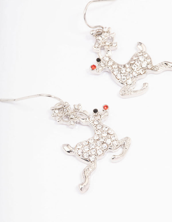 Rhodium Leaping Rudolph Drop Earrings