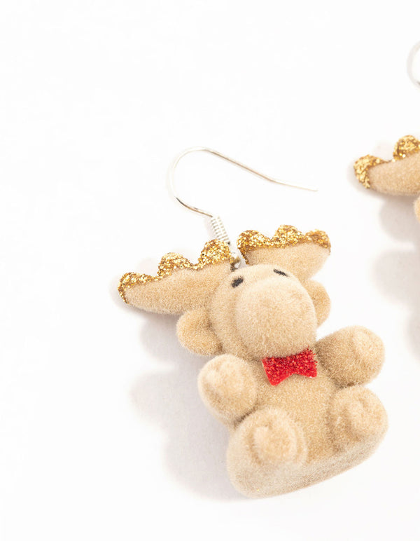 Fuzzy Christmas Reindeer Drop Earrings