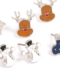 Silver Snowman & Snowflake Stud Earrings 5-Pack - link has visual effect only