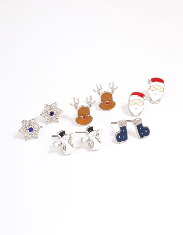 Silver Snowman & Snowflake Stud Earrings 5-Pack
