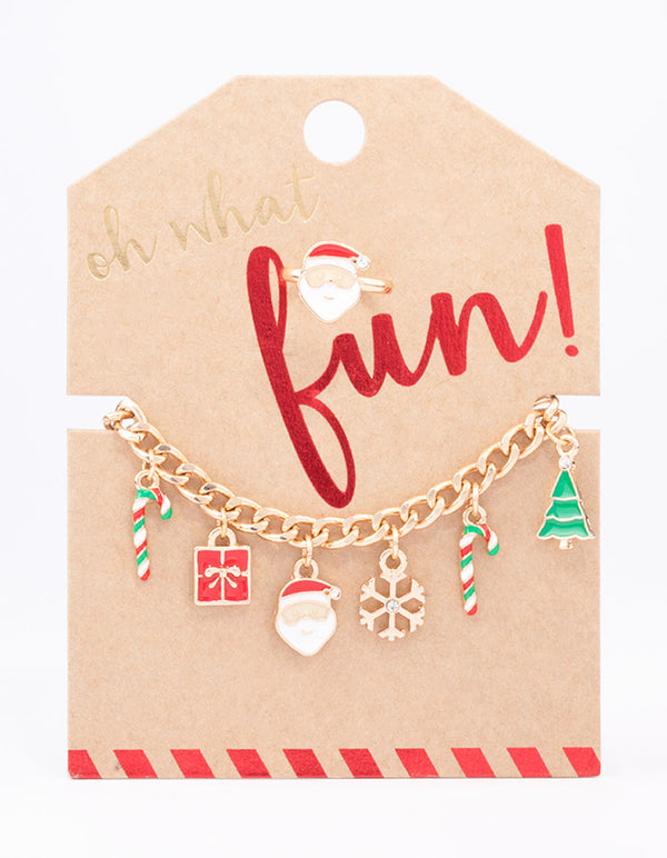 Gold Christmas Motif Bracelet & Ring Set