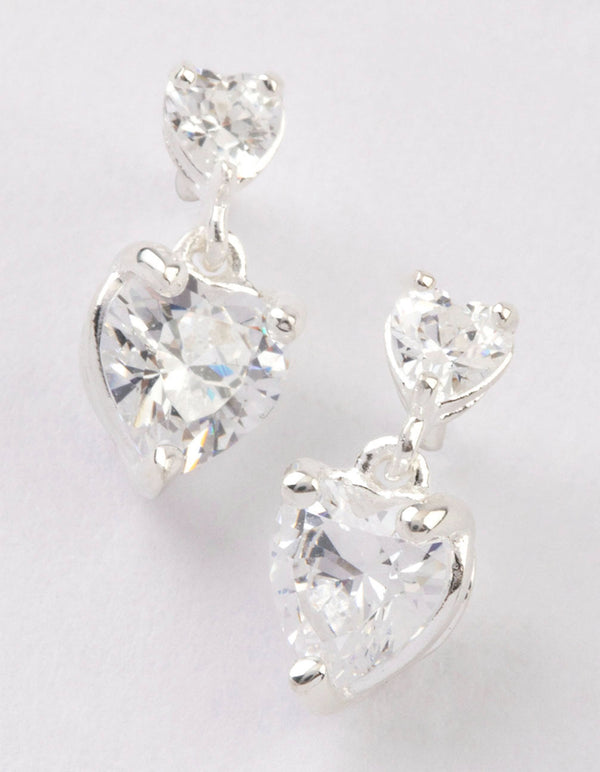 Sterling Silver Cubic Zirconia Heart Stud & Drop Earrings