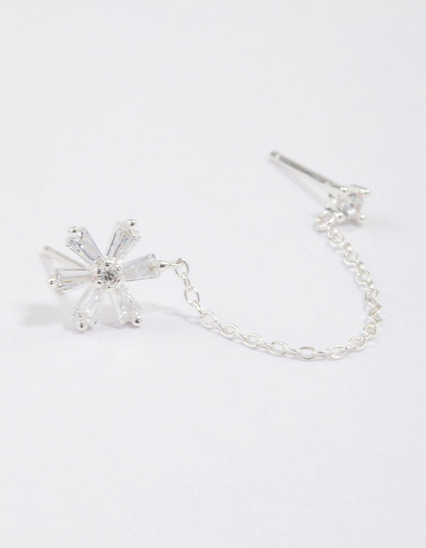 Sterling Silver Baguette Flower Chain Stud Earrings