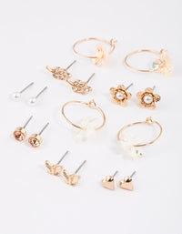Gold Floral & Pearl Dainty Earrings 8-Pack - link has visual effect only