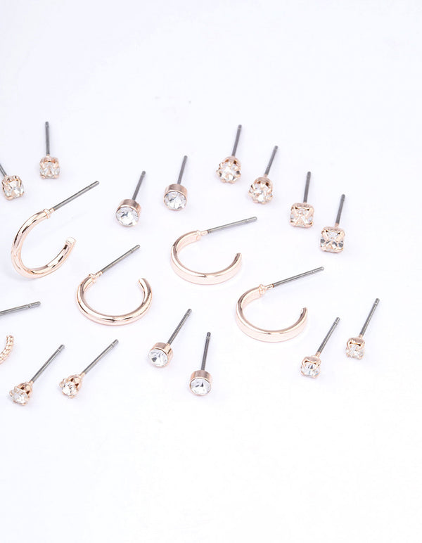 Rose Gold Diamante Stud & Hoop Earring 12-Pack