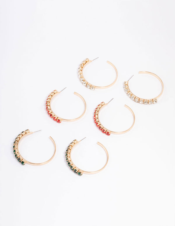 Gold Diamante Festive Hoop Earrings 3-Pack