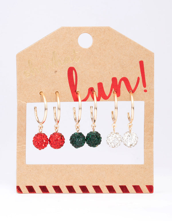 Gold Festive Bauble Drop Hoop Earring 3-Pack