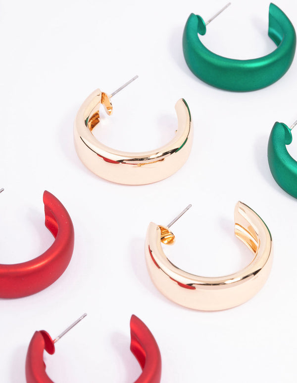 Red & Green Chunky Christmas Hoop Earrings 3-Pack