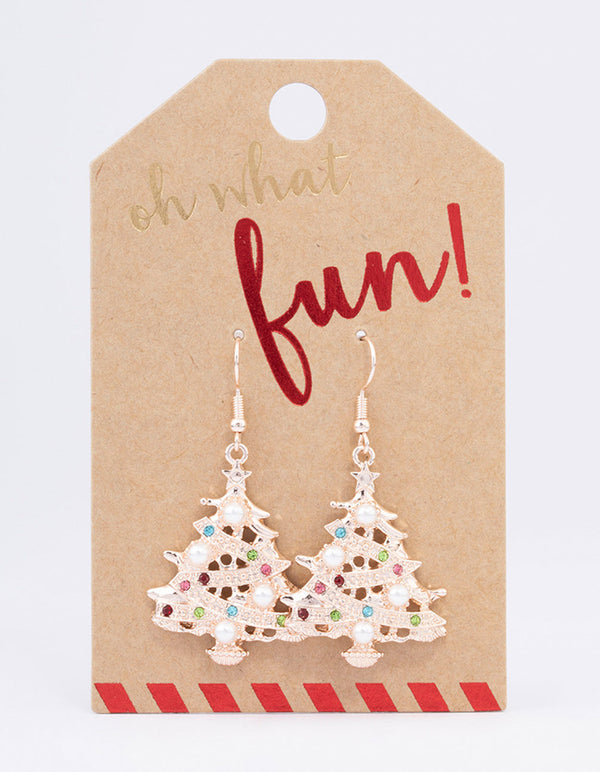 Rose Gold Pearl Christmas Tree Drop Earrings