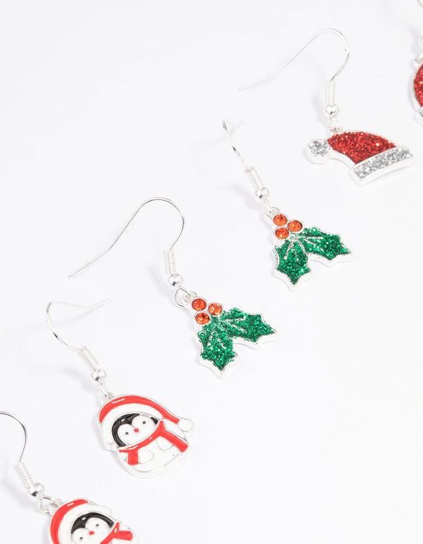 Silver Glitter Holly Christmas Earrings 3-Pack