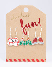 Silver Glitter Holly Christmas Earrings 3-Pack - link has visual effect only