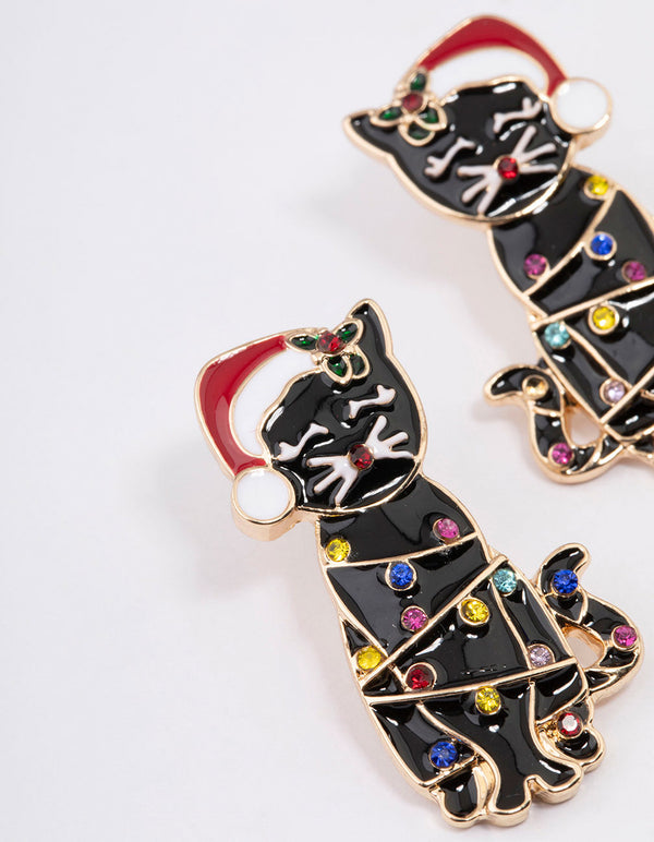 Gold Santa Hat Cat Drop Earrings