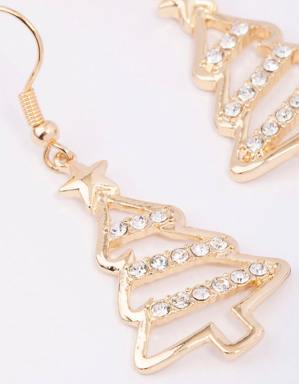 Gold Diamante Outline Christmas Tree Drop Earrings