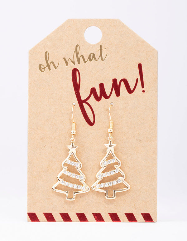 Gold Diamante Outline Christmas Tree Drop Earrings
