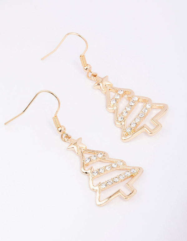 Gold Diamante Outline Christmas Tree Drop Earrings