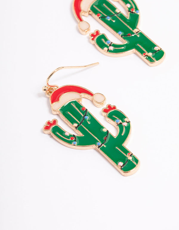 Gold Christmas Cactus Drop Earrings