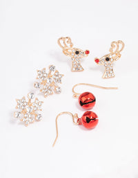 Gold Reindeer & Snowflake Stud Earrings 3-Pack - link has visual effect only