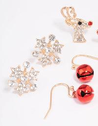 Gold Reindeer & Snowflake Stud Earrings 3-Pack - link has visual effect only
