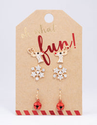 Gold Reindeer & Snowflake Stud Earrings 3-Pack - link has visual effect only