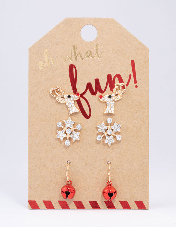 Gold Reindeer & Snowflake Stud Earrings 3-Pack