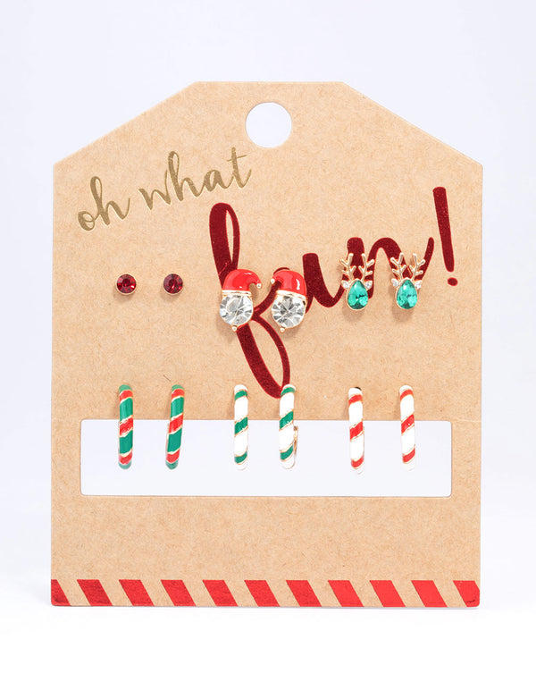 Gold Candy Cane Stud & Hoop Earrings 6-Pack