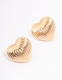Gold Large Ribbed Heart Stud Earrings - link has visual effect only
