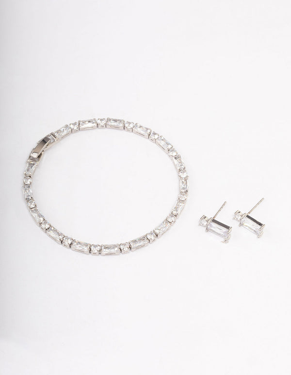 Silver Cubic Zirconia Baguette Earrings & Tennis Bracelet Set