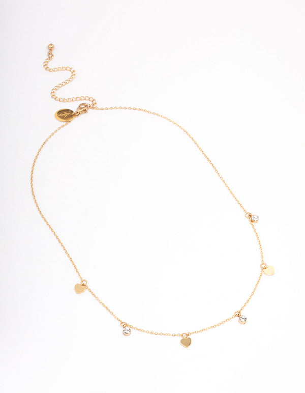 Waterproof Gold Plated Stainless Steel Diamante & Heart Droplet Short Necklace