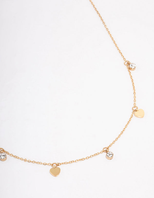 Gold Plated Stainless Steel Diamante & Heart Droplet Short Necklace