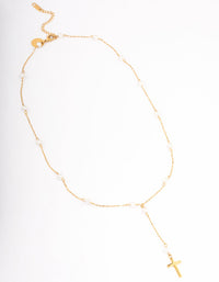 Gold Plated Stainless Steel Pearl Station Cross Necklace - link has visual effect only