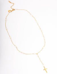 Waterproof Gold Plated Stainless Steel Pearl Station Cross Necklace - link has visual effect only