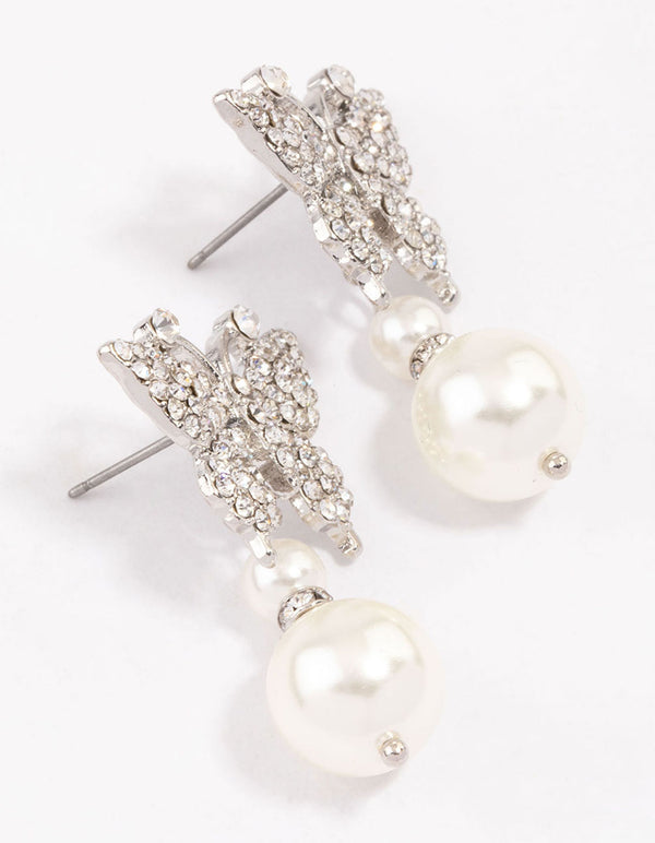 Silver Butterfly & Pearl Drop Earrings