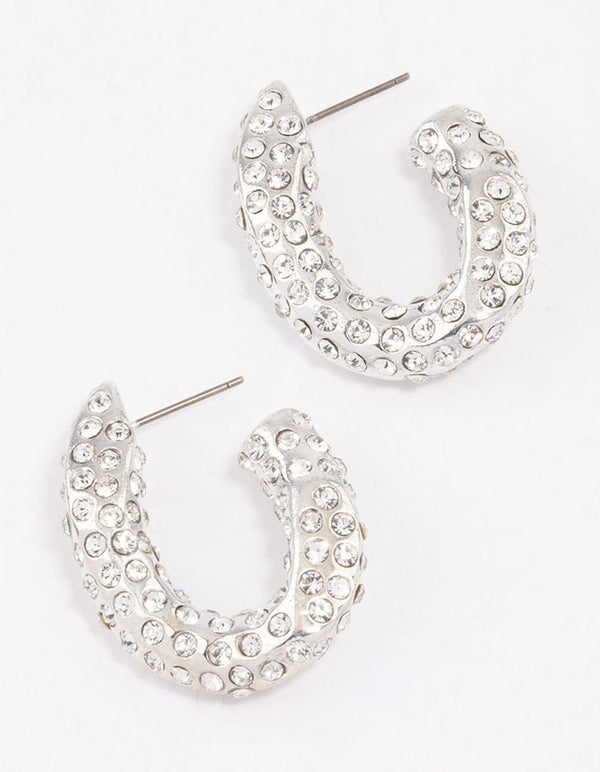 Silver  Paved Curve Hoop Earrings
