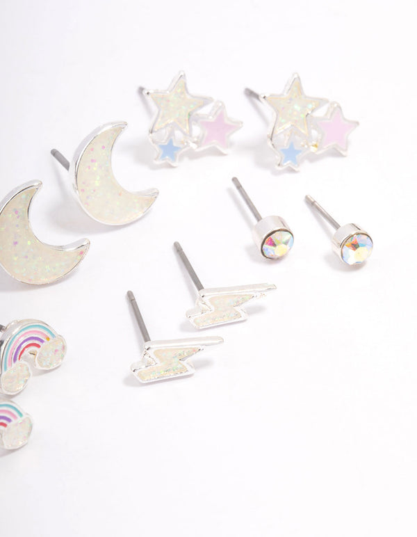 Kids Rainbow & Moon Stud Earrings 6-Pack